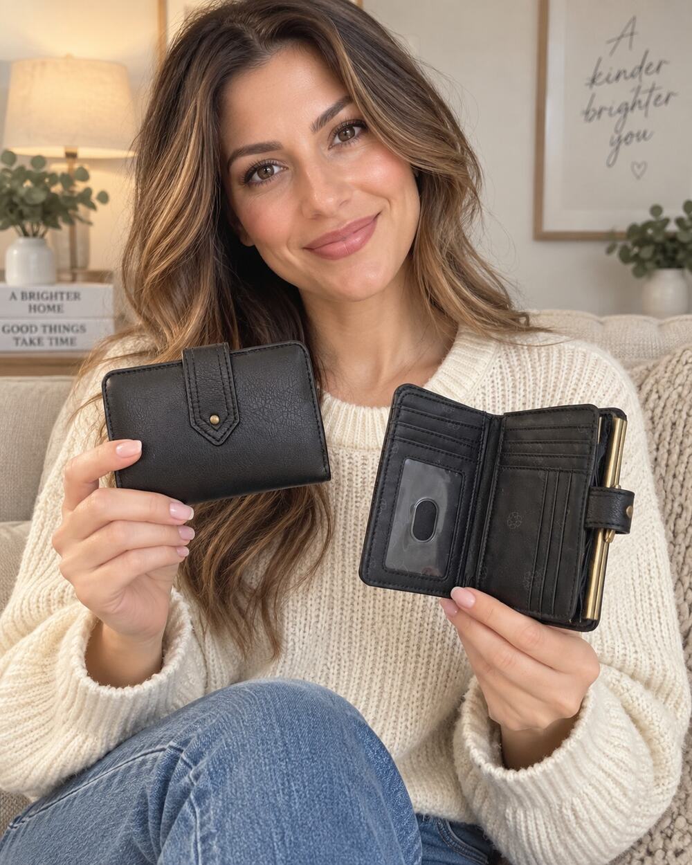 Black Bifold Wallet Kiss Lock Coin Purse Snap Card Organizer ID Window